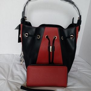 Red and Black Two-Tone Handbag w/ Matching Wallet